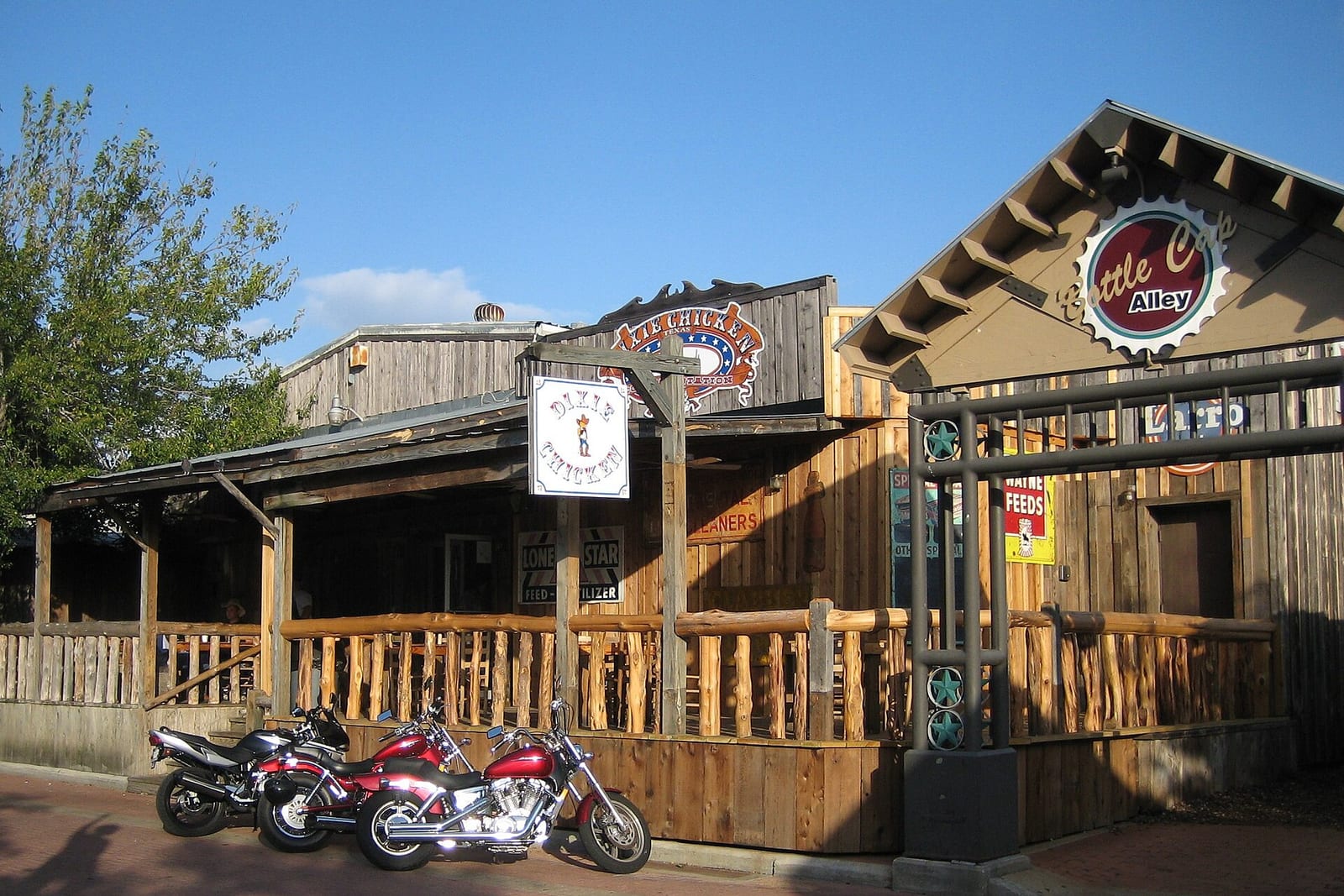 Motorcycles parked outside the Dixie Chicken on Northgate in College Station